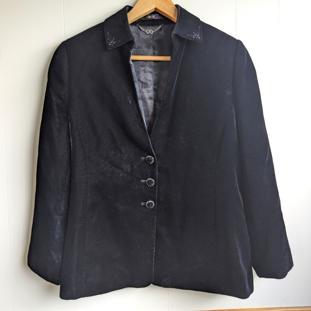 Daks | Velvet Blazer Jacket Rhinestones Beads Black Large European